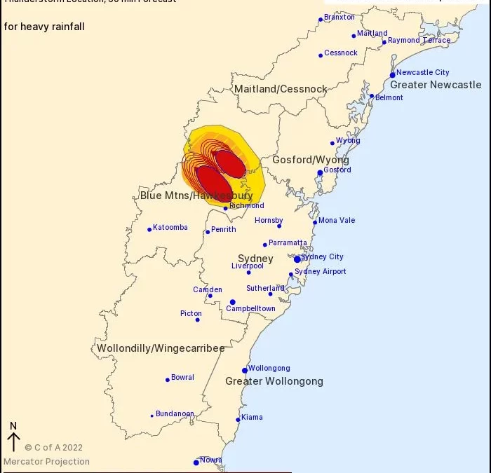 BOM – Severe thunderstorms Richmond and Londonderry – Bilpin expected to be hit around 4.55pm